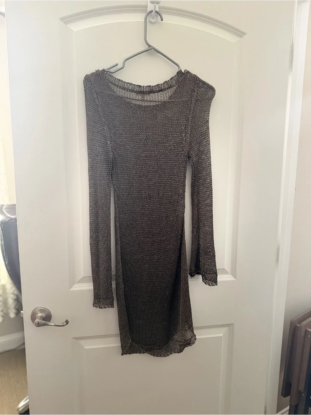 Metallic Long-Sleeve Knit Midi Sheer Dress in Bronze Color